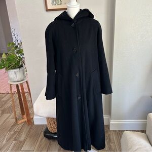 Black vintage black wool full length coat with hood and pockets